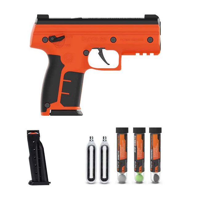 Byrna SD Launcher Universal Kit Orange with 2 magazines, 2 co2 cartridges, kinetic and pro training and eco kinetic rounds.