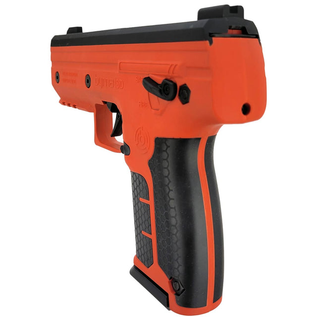 Left rear side right side of Byrna SD Launcher Orange on a white background