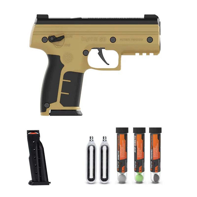 Tan Byrna SD Launcher in tan color with accessories including two magazines, CO2 cylinders, and tubes of kinetic, pro training and eco-kinetic projectiles.