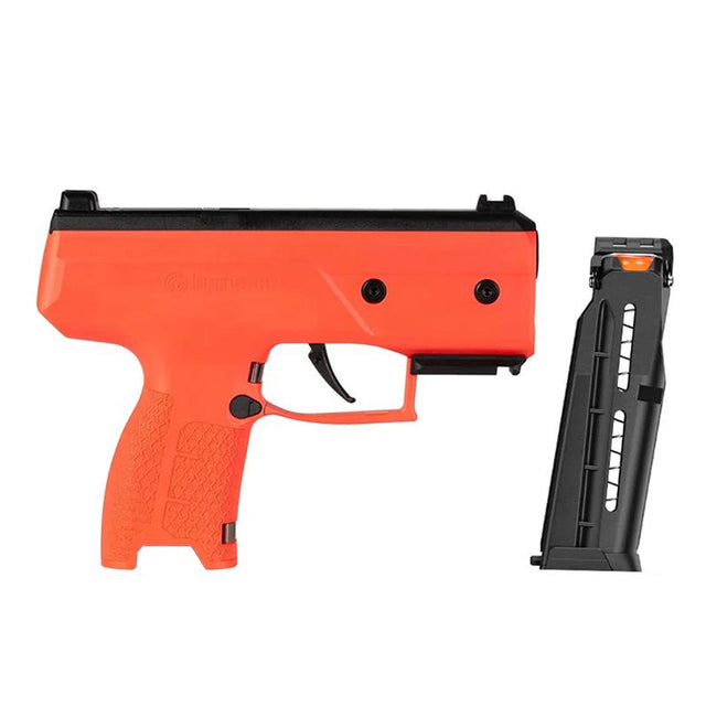 Byrna CL Basic Compact Launcher Orange with magazine next to the launcher