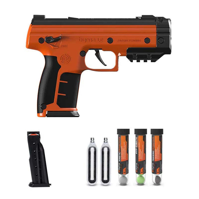 Byrna LE Universal Kit Orange with 2 magzines, 2 co2 cartridges and 3 tubes of projectiles on a white background