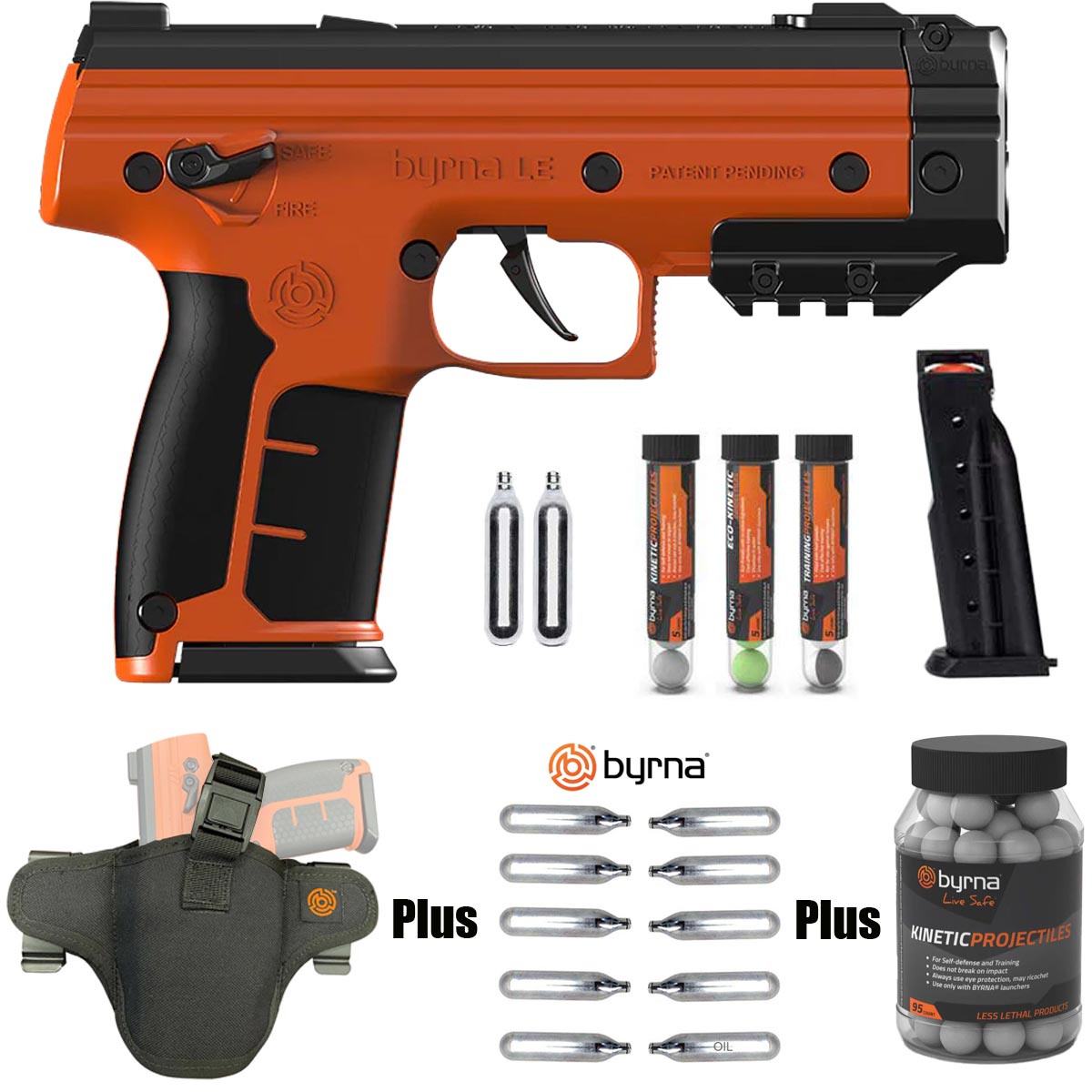 Byrna LE self defense kit with holster and accessories in orange