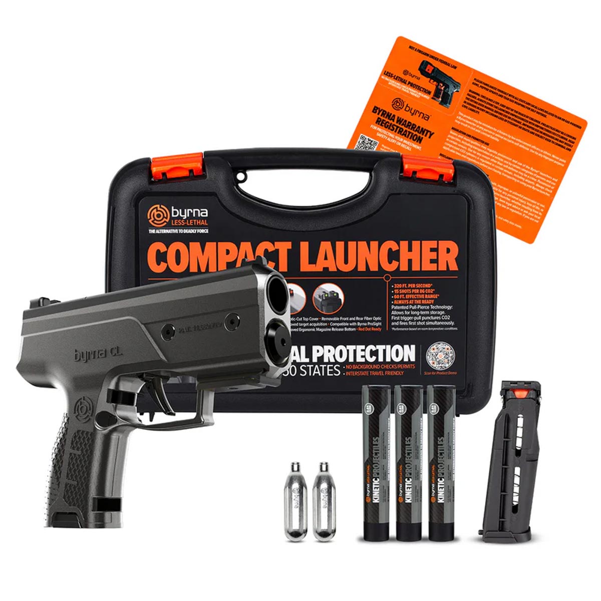 byrna cl steel grey less lethal launcher with case and accessories on a white background