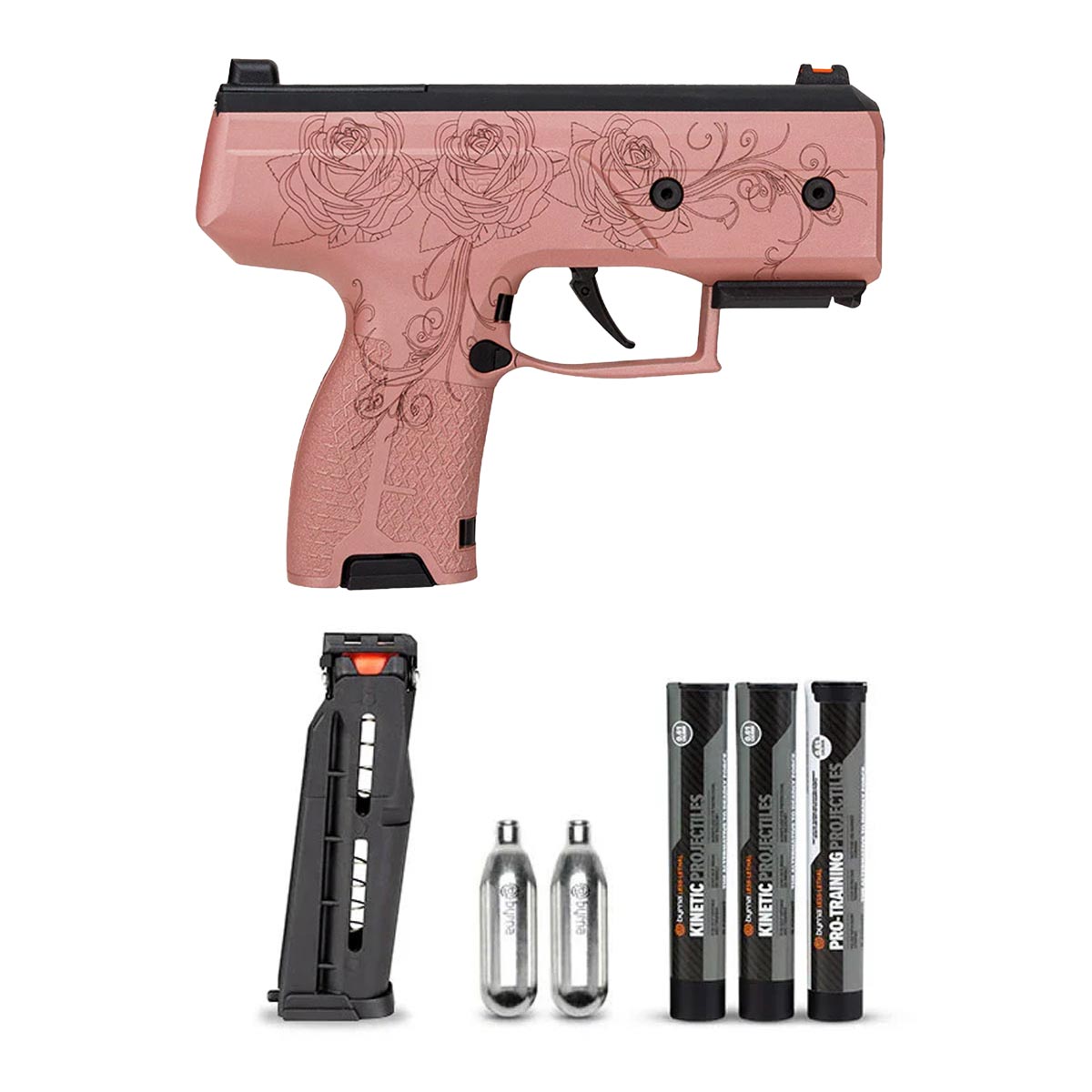 Byrna CL Compact Launcher Engraved Rose Gold with extra magazine, co2 cartridges and 3 projectile tubes on a white background