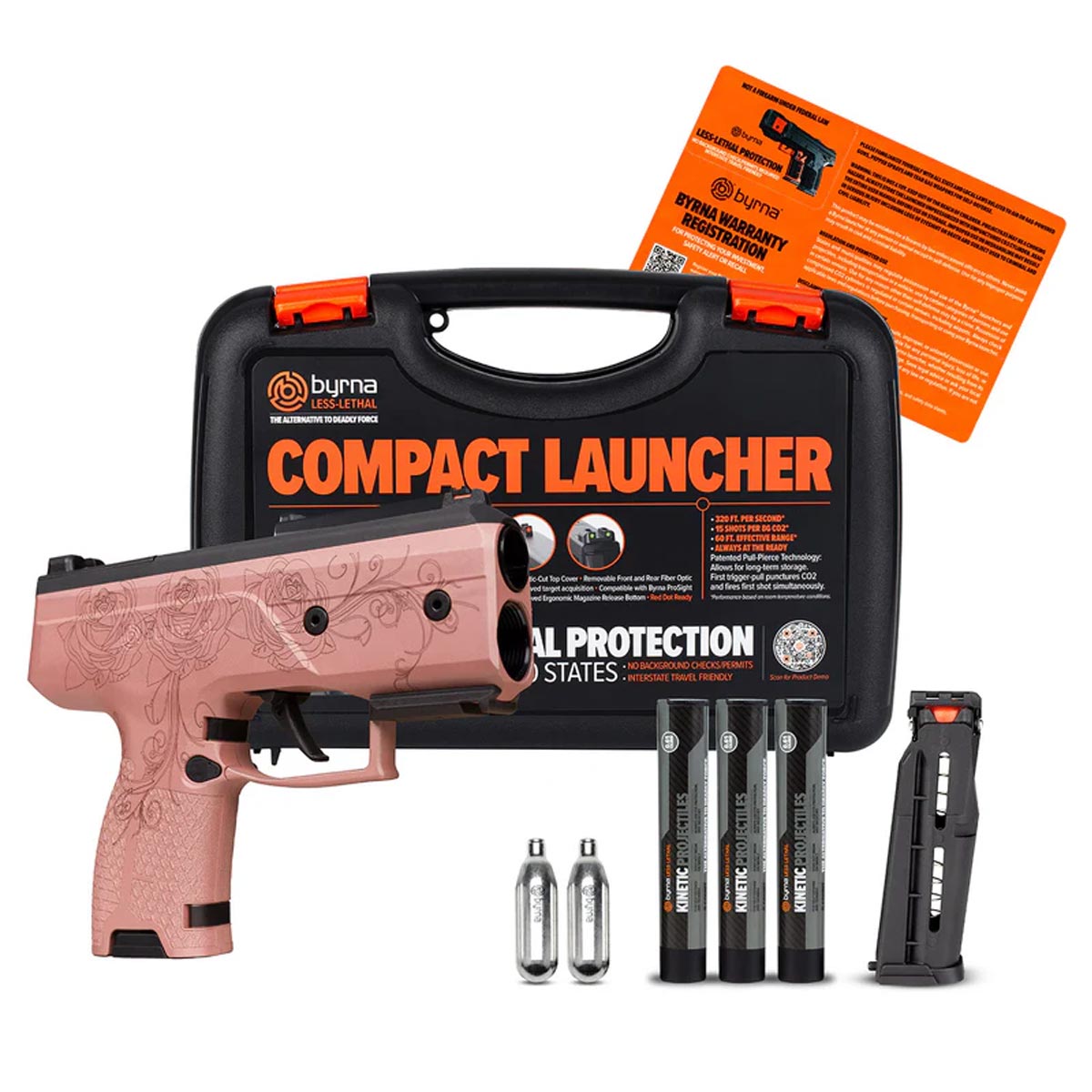 Byrna CL Compact Launcher Universal Kit Engraved Rose Gold with case, co2, projectile tubes, magazine and details card on a white background