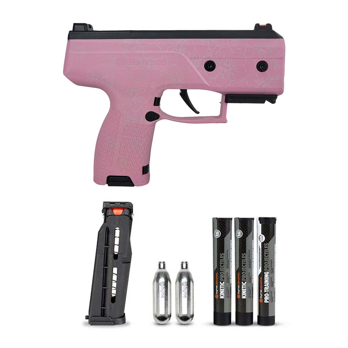 Byrna CL Compact Launcher Engraved Hibiscus Pink with extra magazine, co2 cartridges and tubes of projectiles