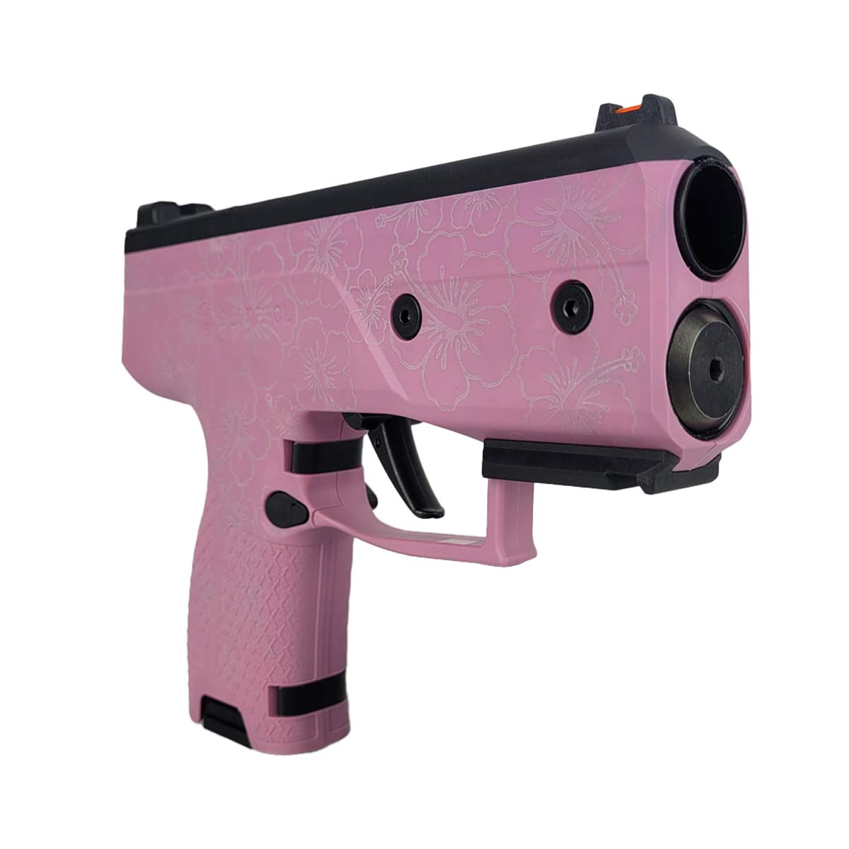 Right side angle view of Byrna CL Compact Launcher Engraved Hibiscus Pink