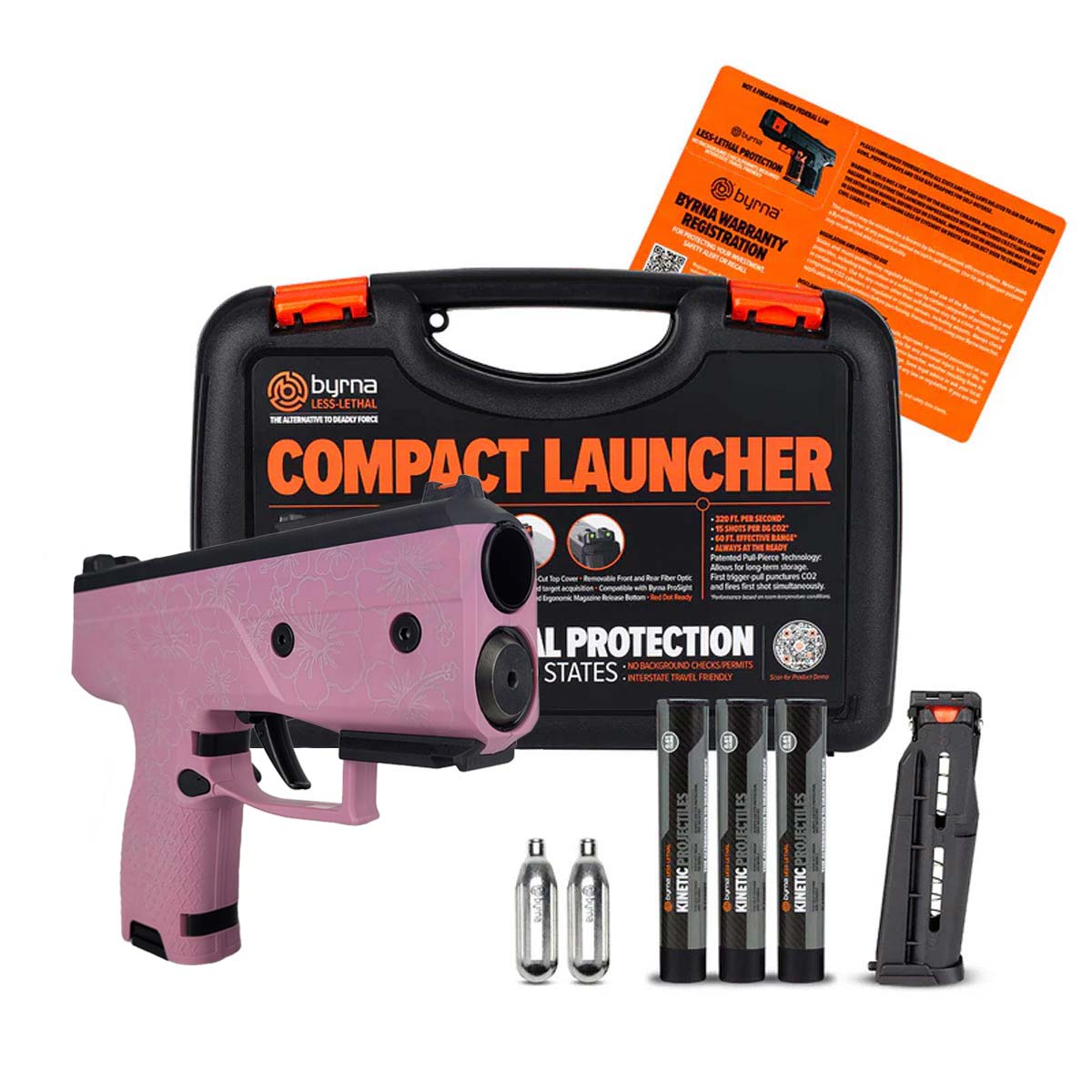 Byrna compact launcher set with pink Hibiscus gun, case, CO2, extra magazine and projectiles on a white background