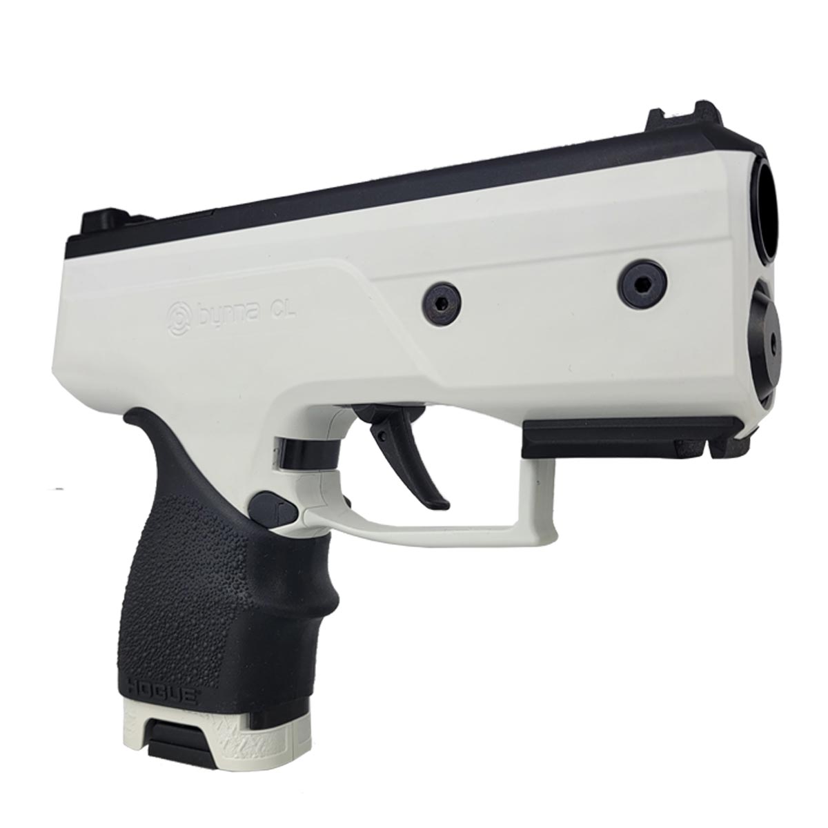 Right side angle Byrna CL Compact Launcher White with Black Grip on a white background