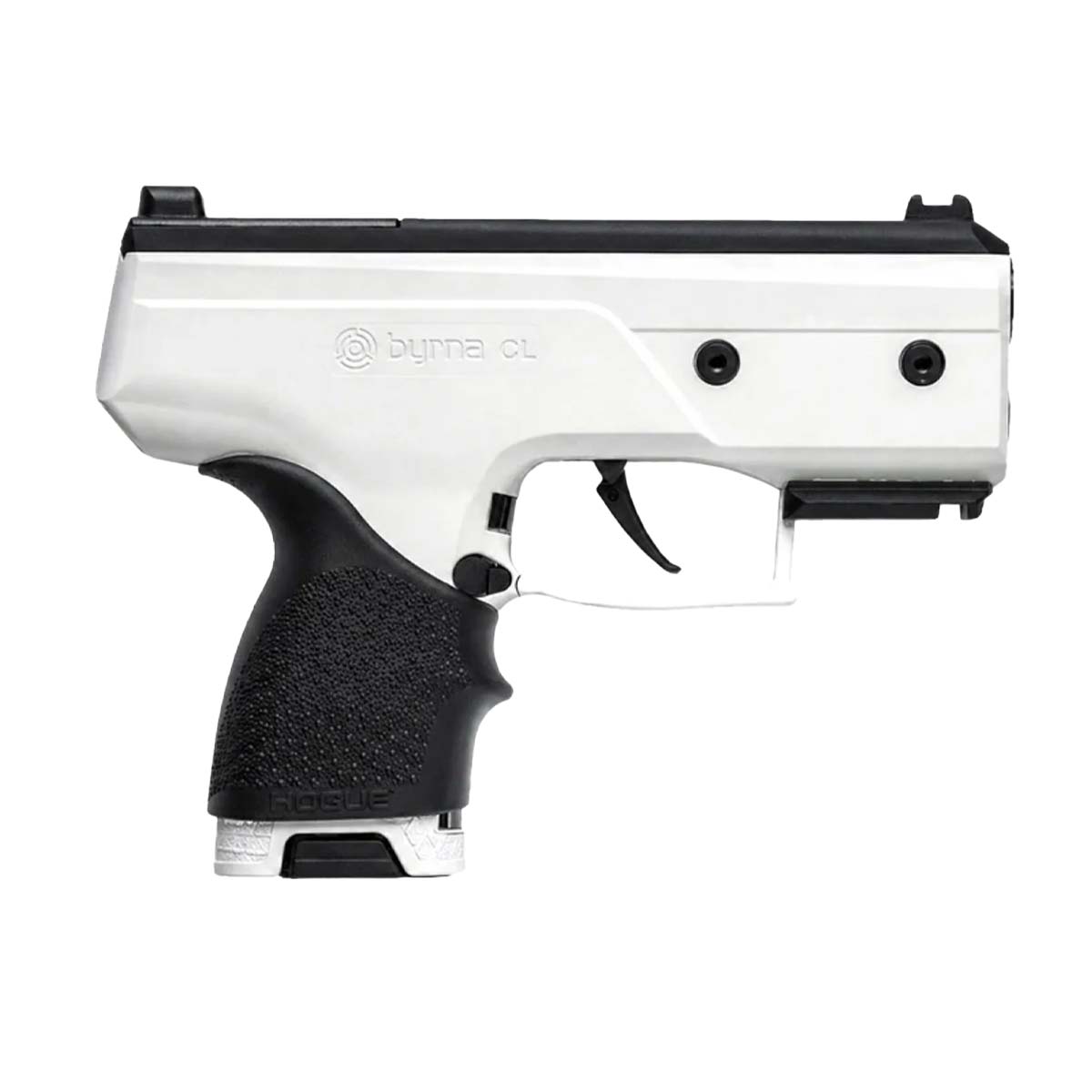 Right side Byrna CL Compact Launcher White with Black Grip displaying sights on a white background