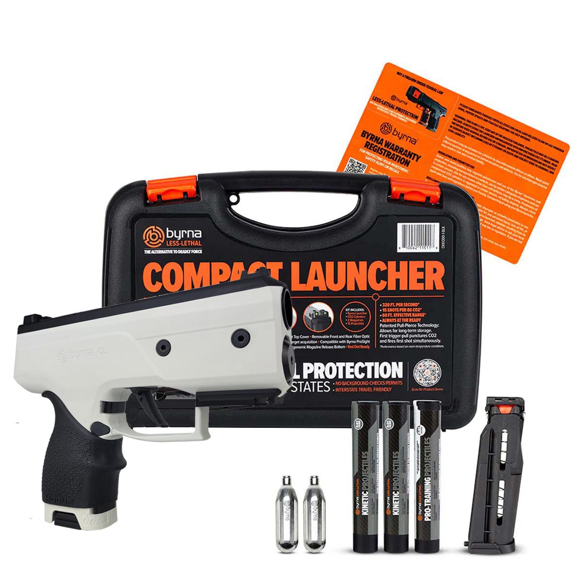 Byrna CL Compact Launcher Universal Kit White with Black Grip with accessories and case on a white background