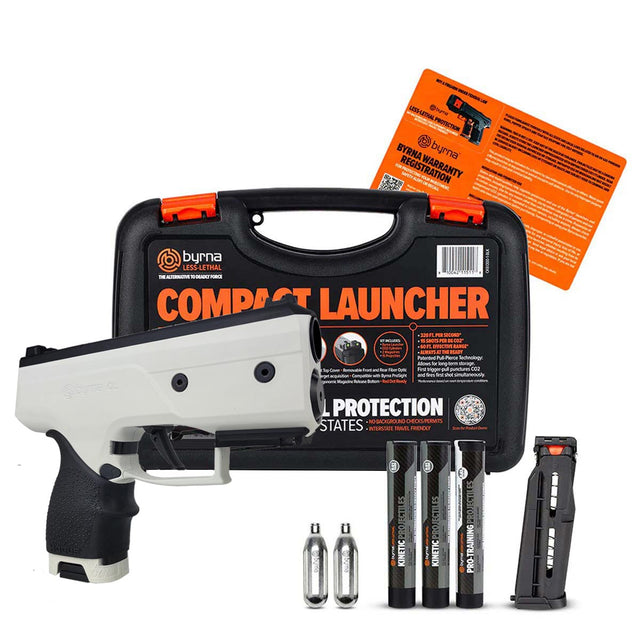 Byrna CL Compact Launcher Universal Kit White with Black Grip with accessories and case on a white background