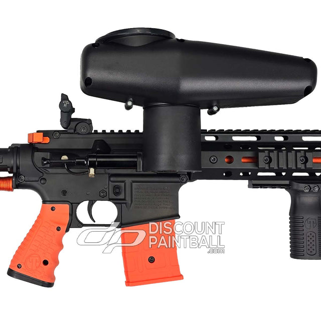 Byrna Mission 4 Less Lethal Rifle with Flex Fuel showing Cyclone Feed System and hopper up close