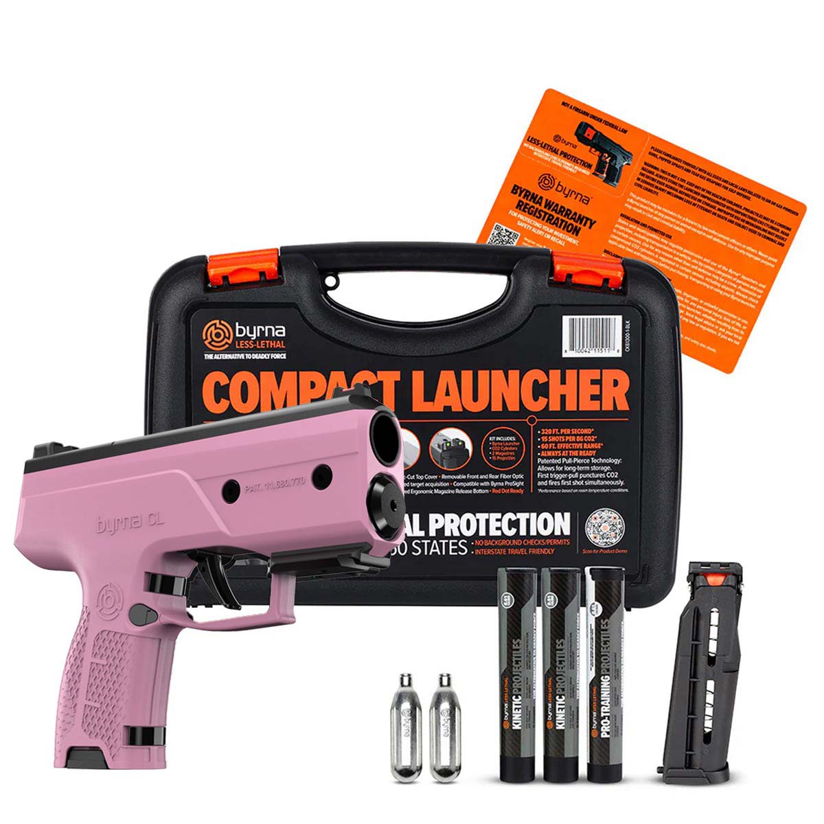 Pink Byrna CL compact launcher with accessories and Byrna packaging on a white background