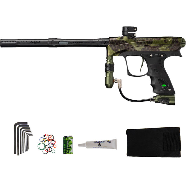 Green Camouflage and black Dye Rize CZR paintball gun with accessories on a white background