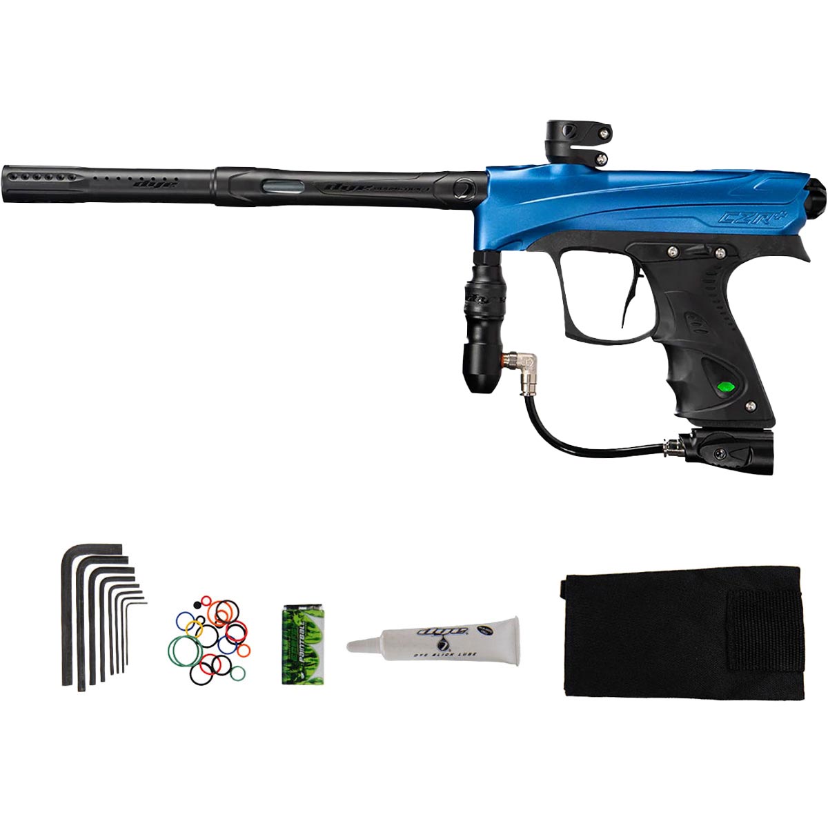 Blue and black Dye Rize CZR paintball gun with accessories on a white background