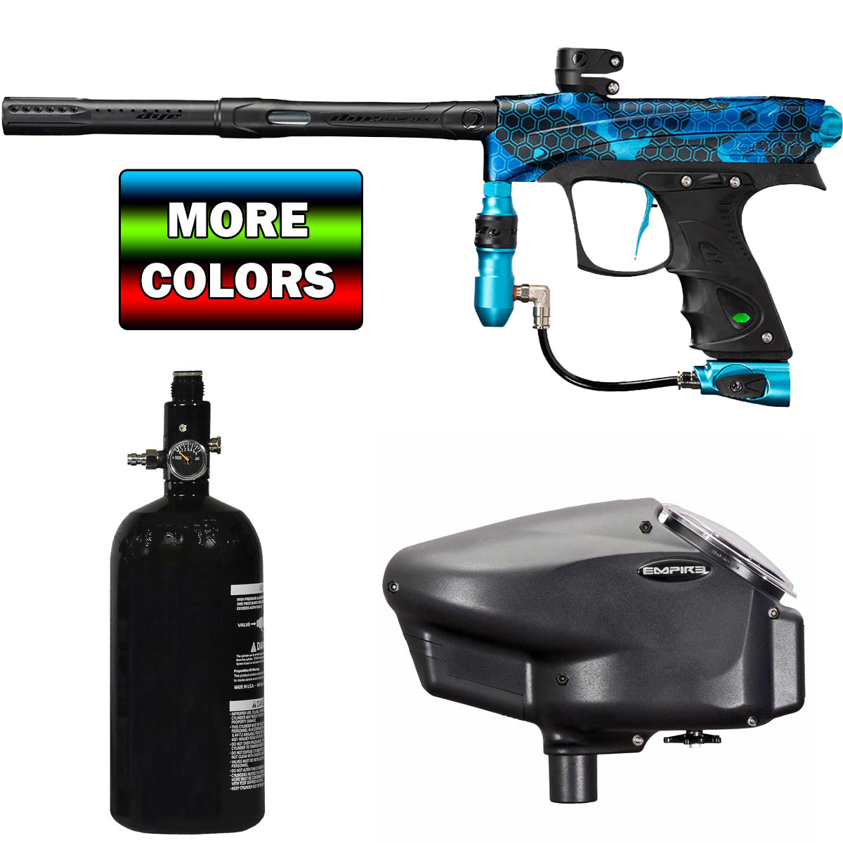 Dye Rize CZR Paintball gun with tank and hopper on a white background, featuring 'More Colors' text.