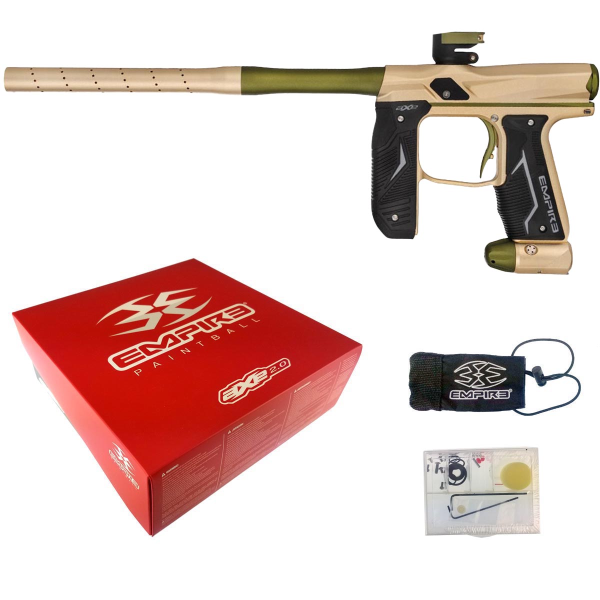 Empire Axe 2.0 Paintball Marker Dust Tan Dust Olive with red Empire packaging and accessories on a white background