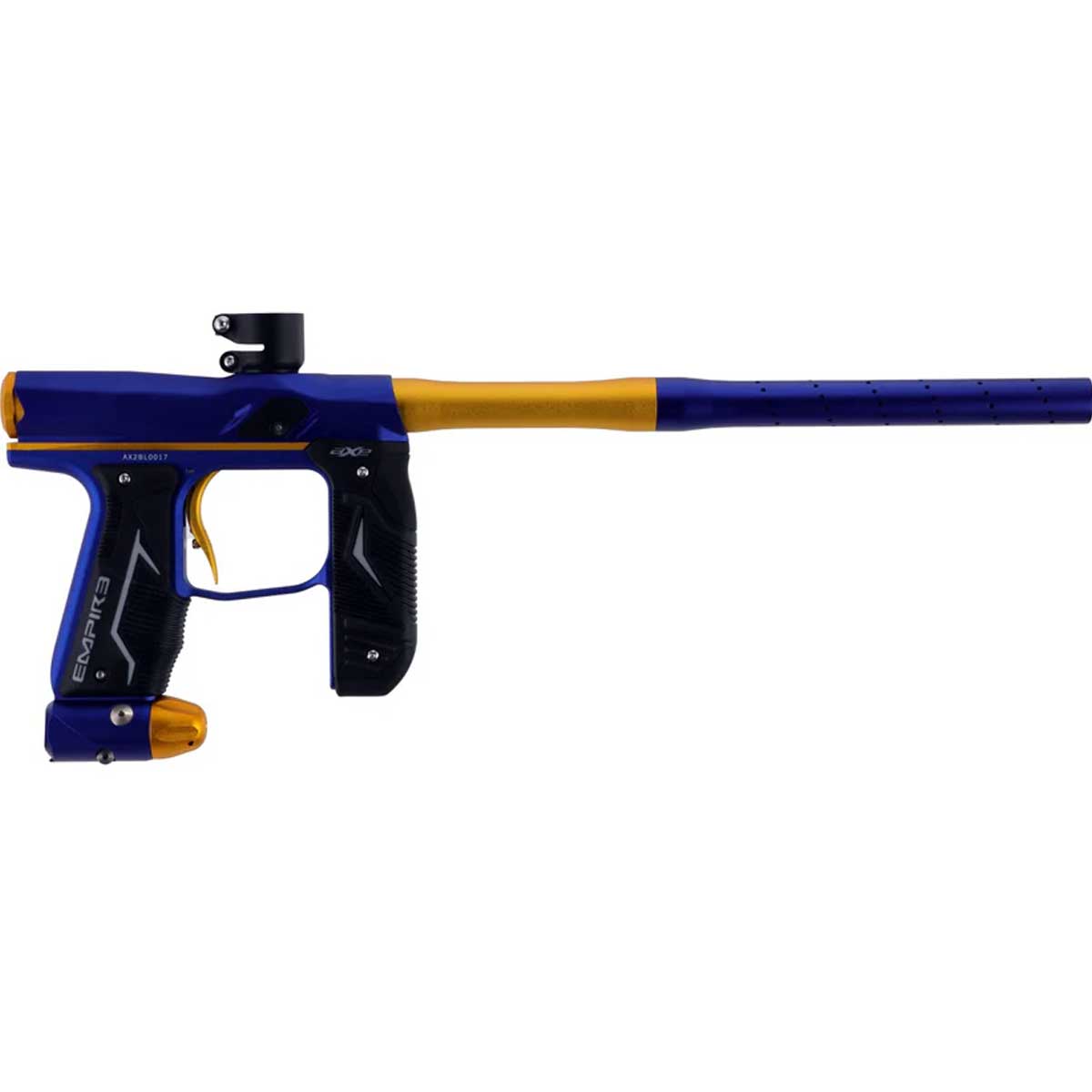 Right side blue gold Empire Axe 2.0 paintball marker on a white background