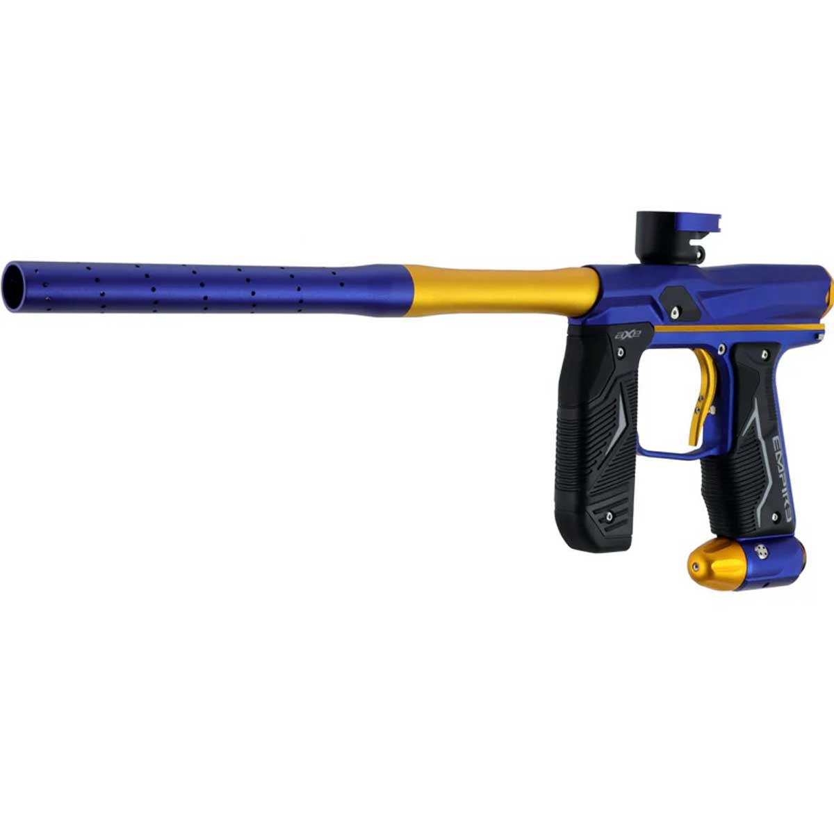 Left side angle blue gold Empire Axe 2.0 paintball marker on a white background