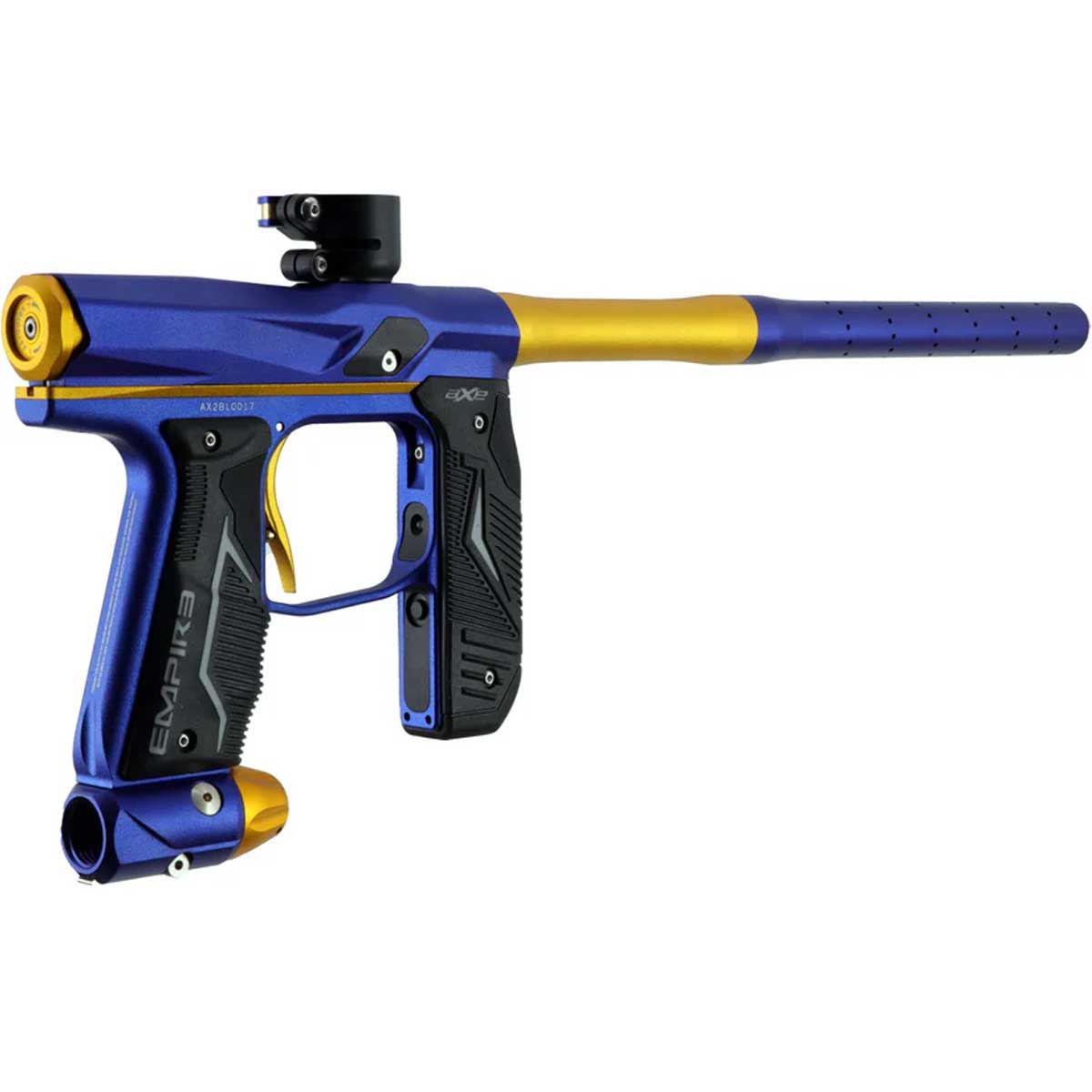 Right rear angle blue gold Empire Axe 2.0 paintball marker on a white background
