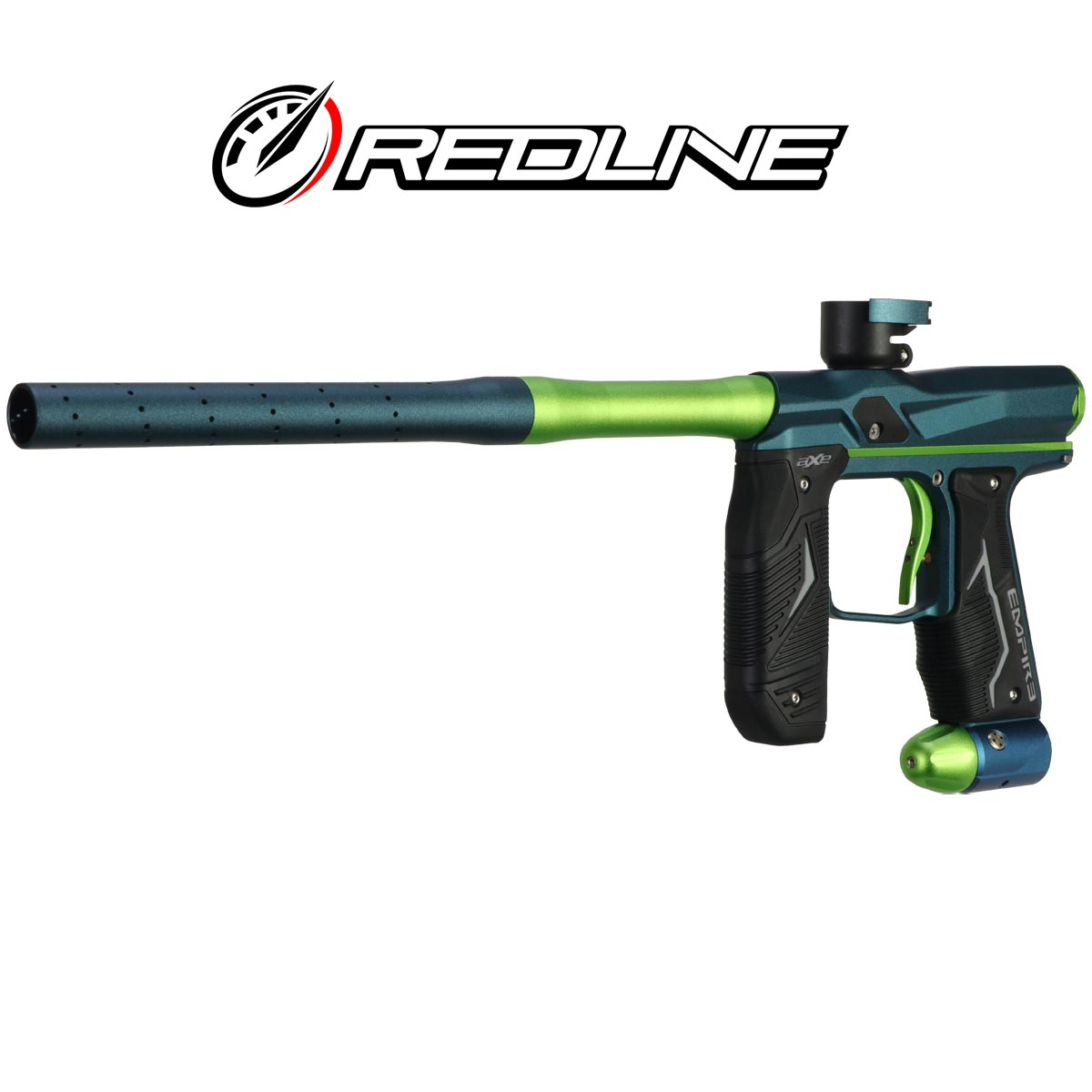 Left front angle Empire AXE 2.0 with Redline green blue Paintball marker with Redline branding on a white background