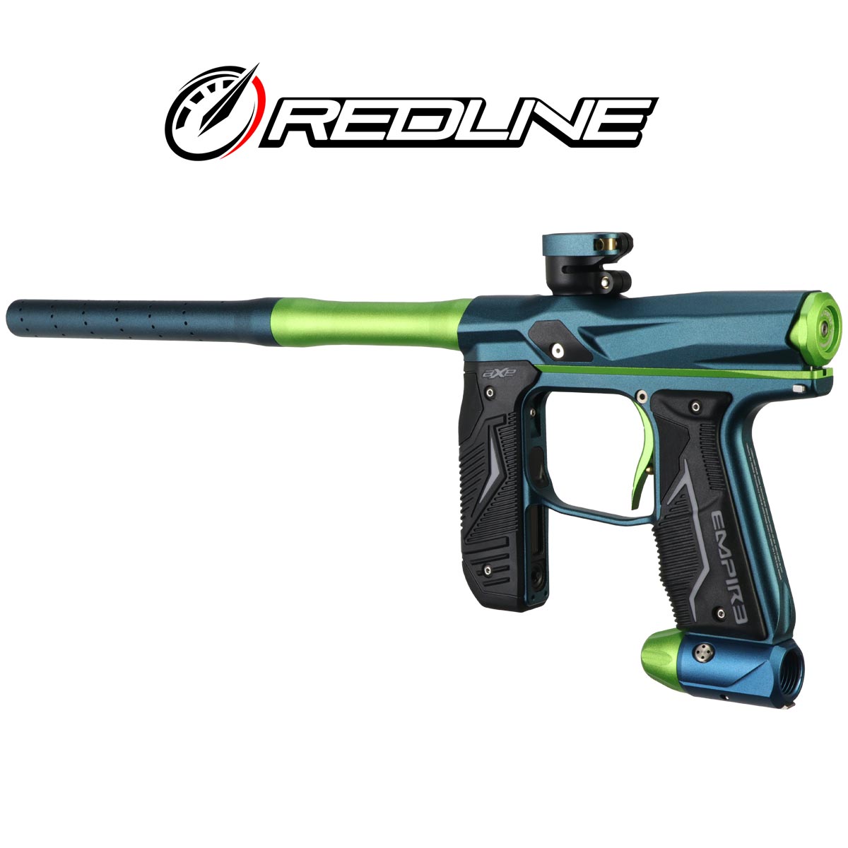 Left rear angle Empire AXE 2.0 with Redline green blue Paintball marker with Redline branding on a white background