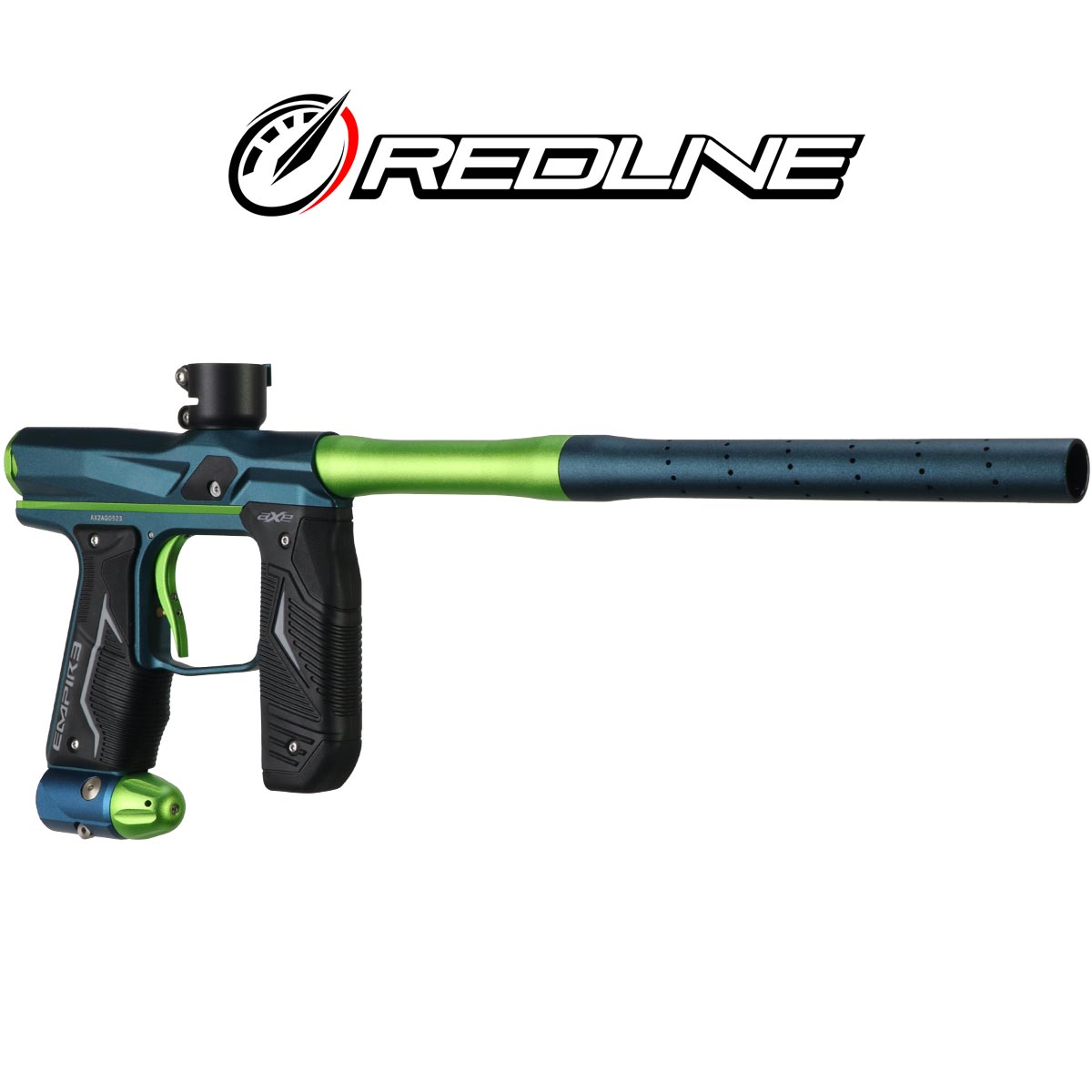 Right front angle Empire AXE 2.0 with Redline green blue Paintball marker with Redline branding on a white background