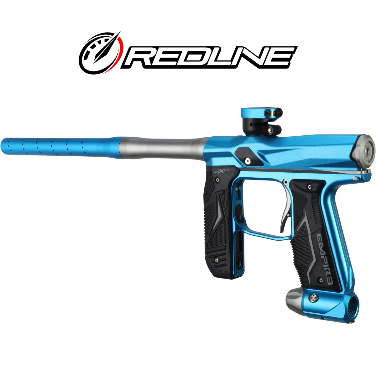 Left rear angle Empire Axe 2.0 with Redline OLED Board Dust Savoy Blue Dust Grey Paintball marker and Redline logo on a white background