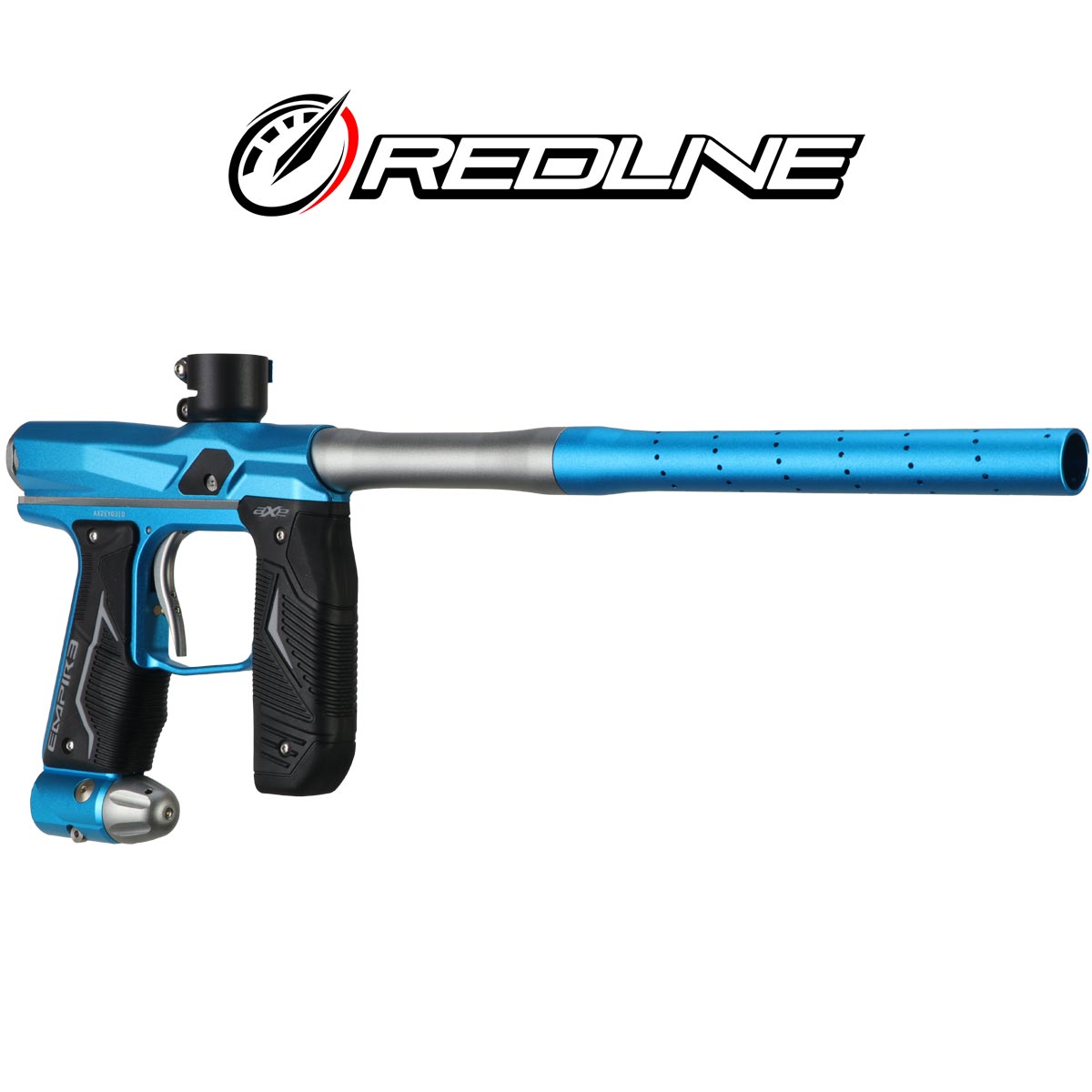 right front angle Empire Axe 2.0 with Redline OLED Board Dust Savoy Blue Dust Grey Paintball marker and Redline logo on a white background