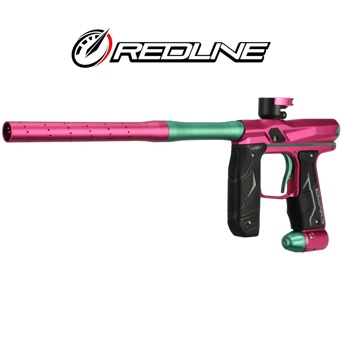 Left front angle Empire Axe 2.0 with Redline OLED Board Dust Hot Pink Dust Teal on a white background.