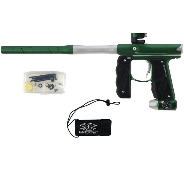 Empire Mini GS Paintball Marker Green Silver Dust paintball gun with accessories on a white background