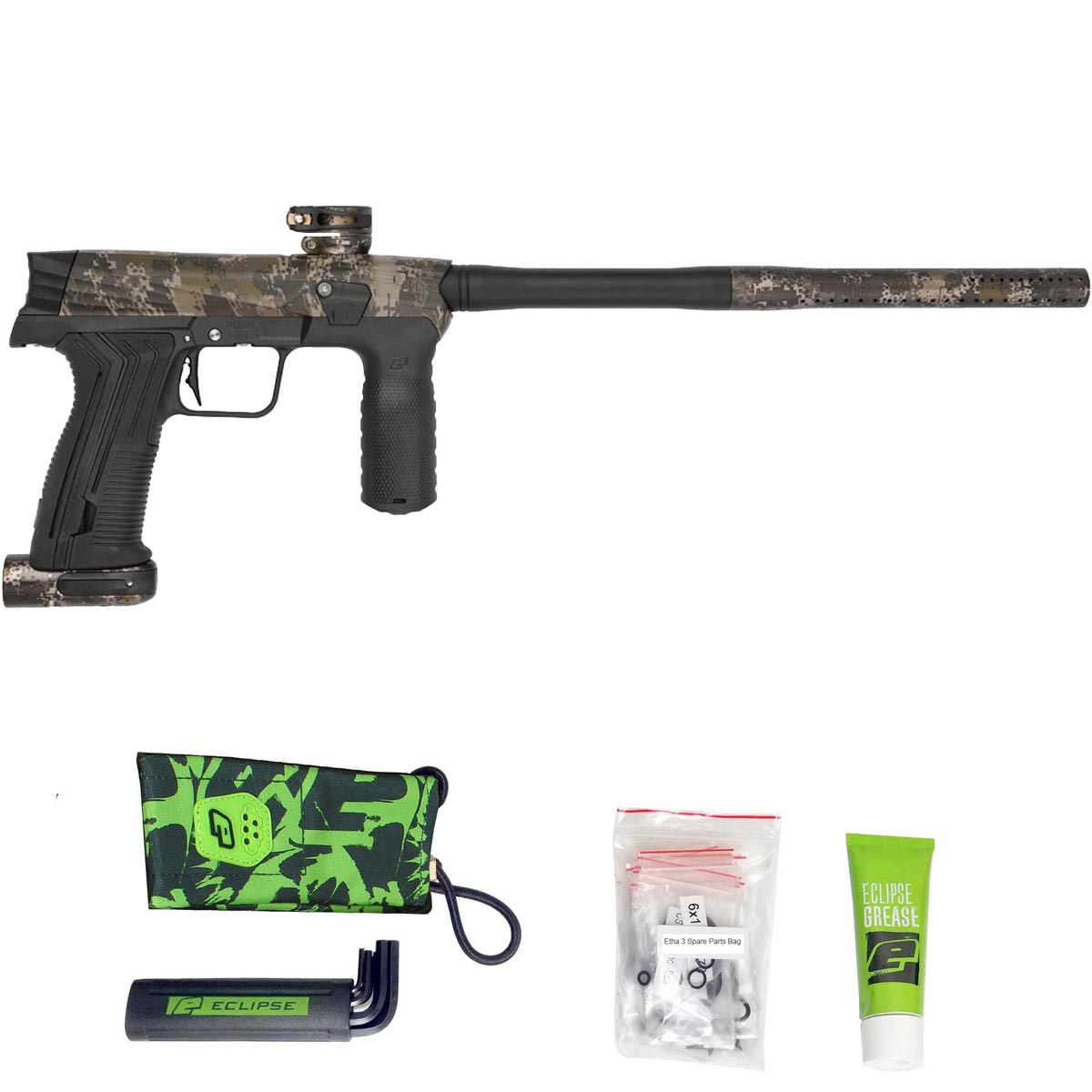 Right side Planet Eclipse Etha 3M Mechanical Paintball Marker HDE Earth Black with grease, spare parts, tools and barrel sock on a white background