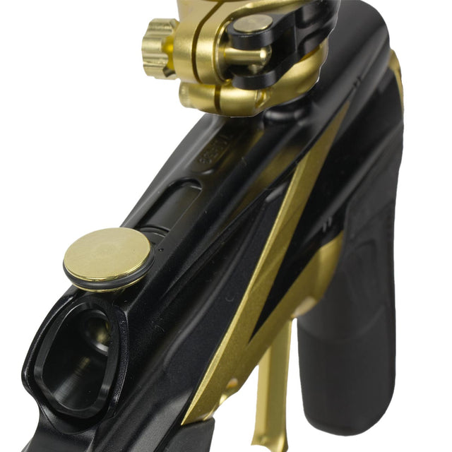 Planet Eclipse Ego LV2 Paintball Marker Black Gold rear close up on a white background