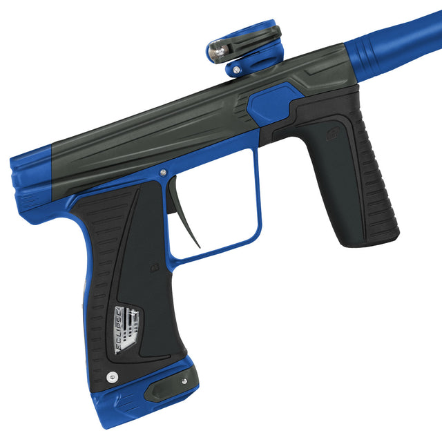 Close up right side view of blue and black Planet Eclipse GTek 180R Atlantic Storm paintball marker