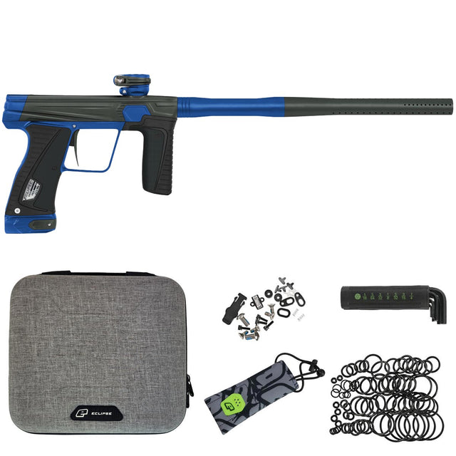 Blue and Black Planet Eclipse GTek 180R Atlantic Storm paintball marker with case, spare parts, tools and barrel sock.