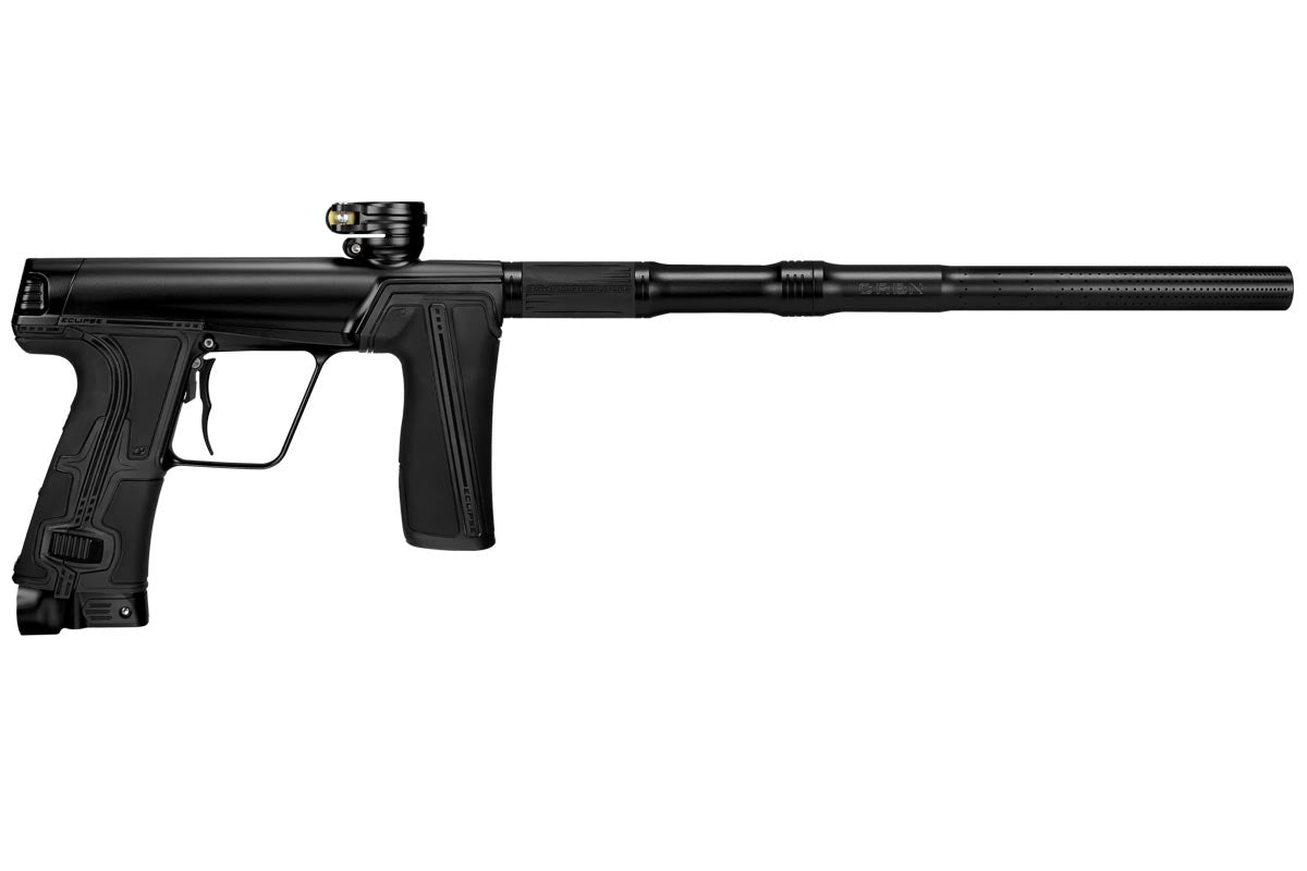A black Planet Eclipse CS3 Pro Paintball Marker with a streamlined body and a windowless back section, showing the marker's breech, trigger, and barrel.