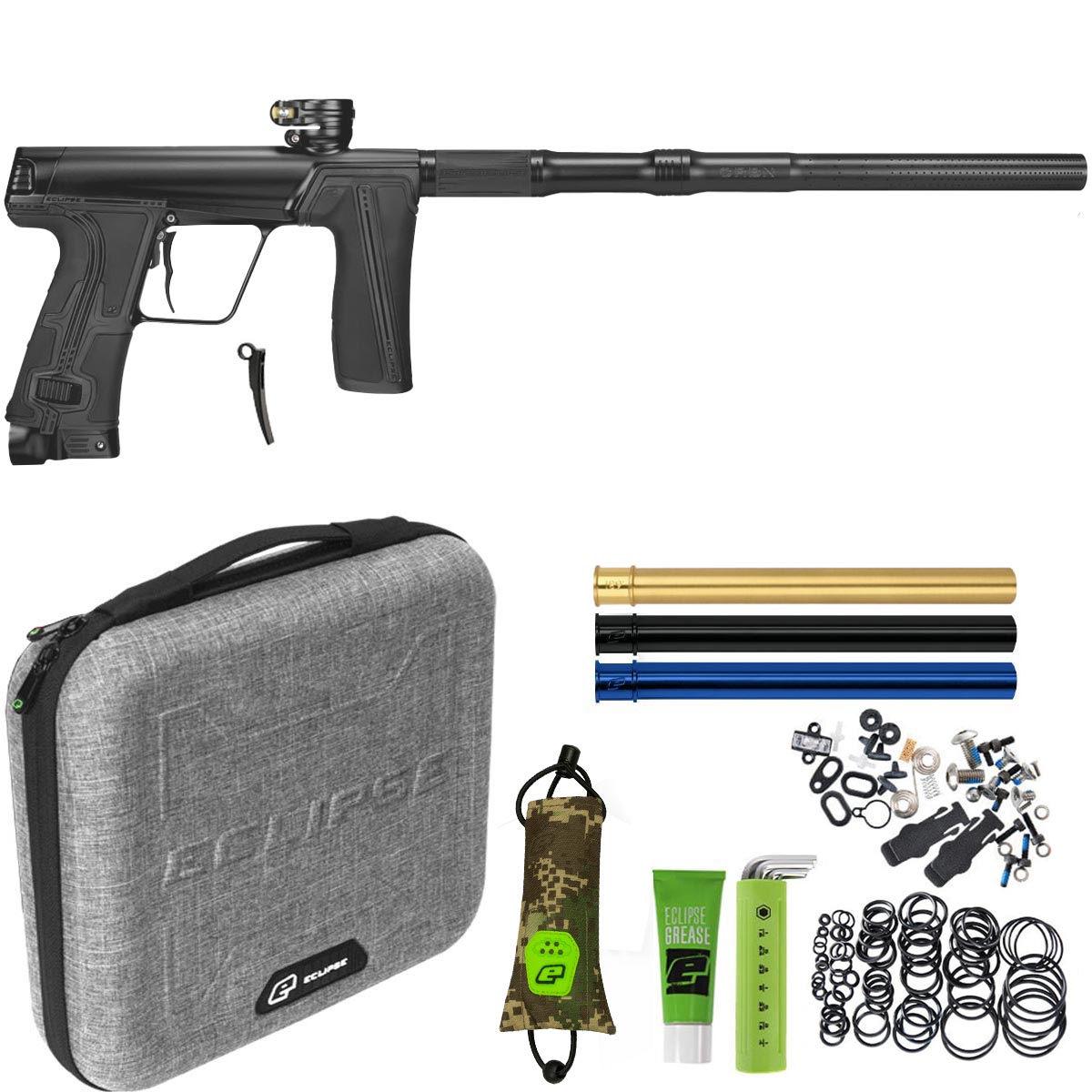 Paintball gun with accessories including a case, dyes, and springs on a white background.