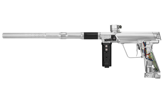 Right side of Planet Eclipse CS3 Pro Paintball Marker in Protocol Silver with grip removed to expose the circuit board and wiring.
