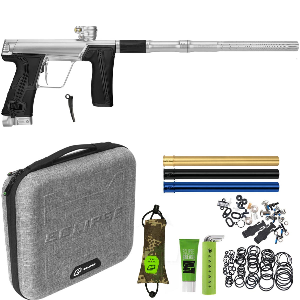 Paintball gun with accessories including a case, barrels, and springs on a white background.