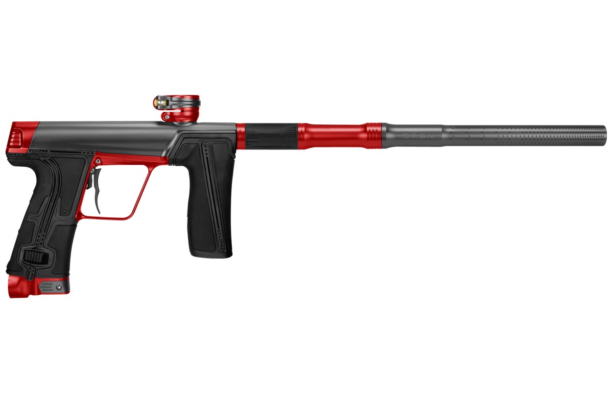 A Planet Eclipse CS3 Pro Paintball Marker in colors of black, red, and gray, with a distinctive graphite-style body and branding on the barrel.