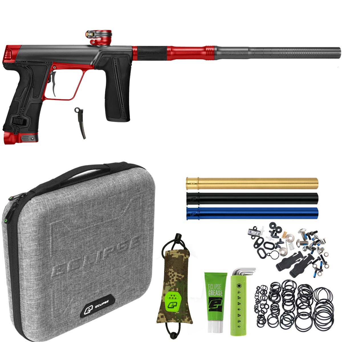 Paintball gun with accessories including a case, barrels, and springs on a white background.