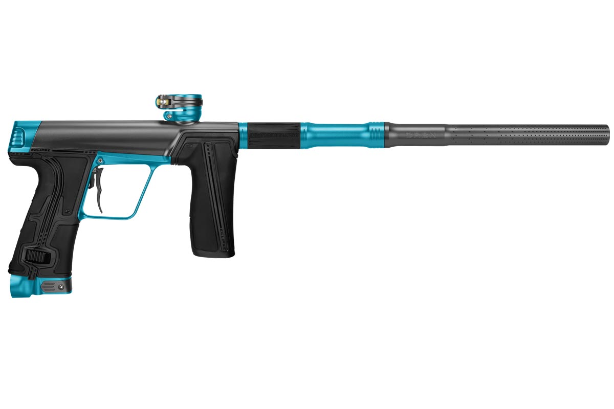 A Planet Eclipse CS3 Pro Paintball Marker in Provoke Graphite Turquoise color with a streamlined body and a S63 Pro FL Barrel system.