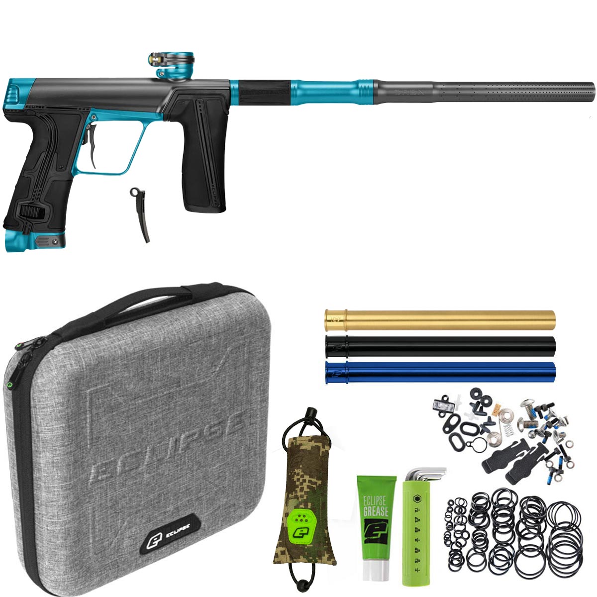 Paintball gun with accessories including a case, barrels, and spare parts on a white background.