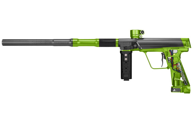 Black and Green left side of Planet Eclipse CS3 Pro Paintball Marker in Profound Graphite Green color with grip removed showing internals.