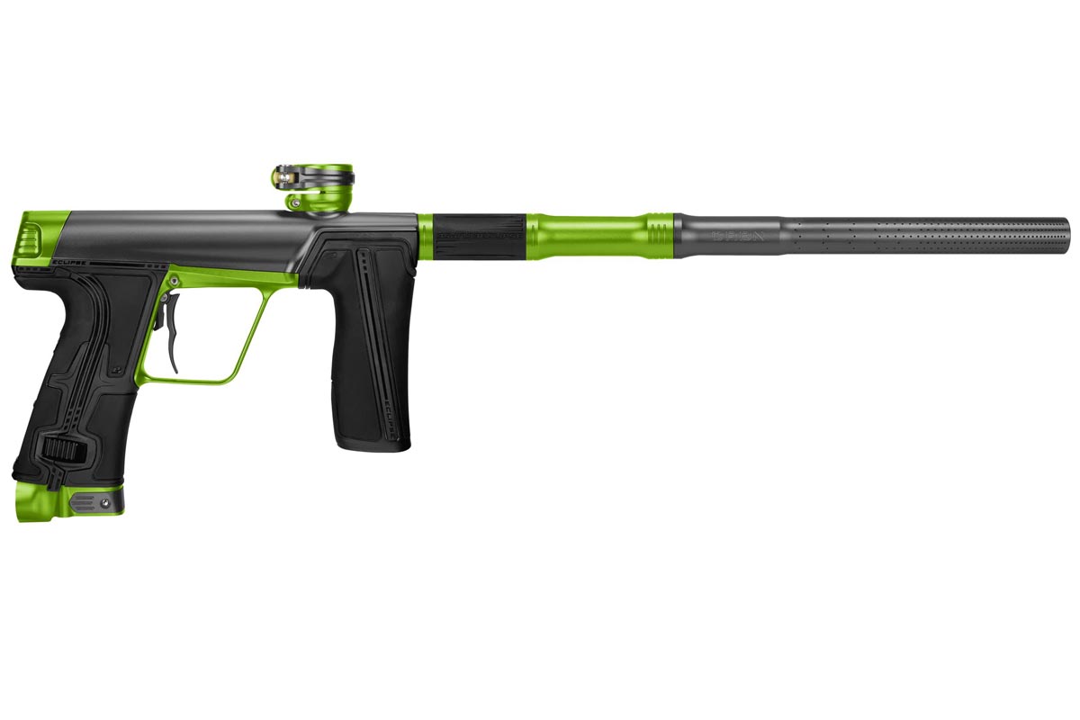 A Planet Eclipse CS3 Pro Paintball Marker in Profound Graphite Green color with streamlined body and paintball barrel.