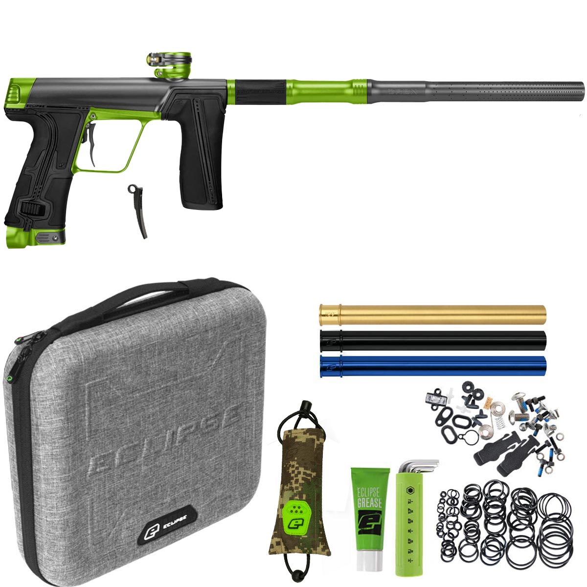 Green and black paintball gun with accessories including a case, darts, and spare parts on a white background.