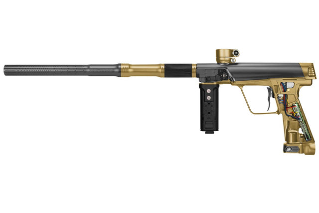 Right side of Planet Eclipse CS3 Pro Paintball Marker in black and gold color with grip removed to expose internals.