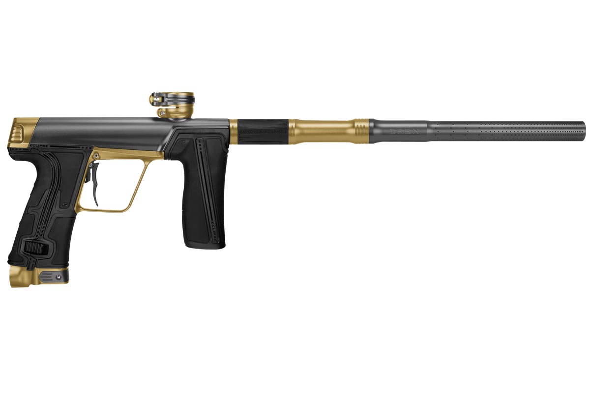 A Planet Eclipse CS3 Pro Paintball Marker in black and gold color, featuring a sleek design with upgraded components.