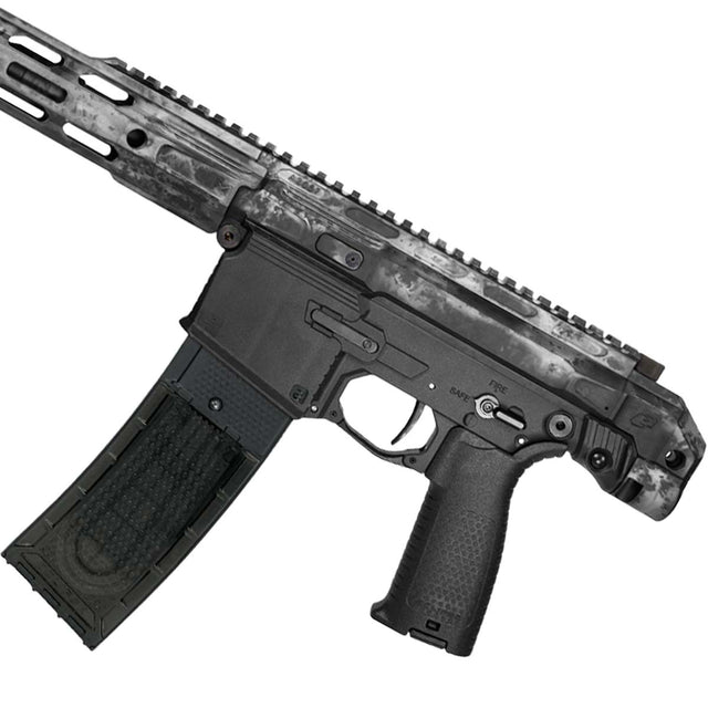 Left side body Planet Eclipse EMF200 Ghost Acid Silver Paintball Marker on a white background